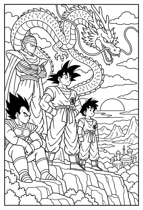 Piccolo standing watch on a mountaintop at sunset coloring page