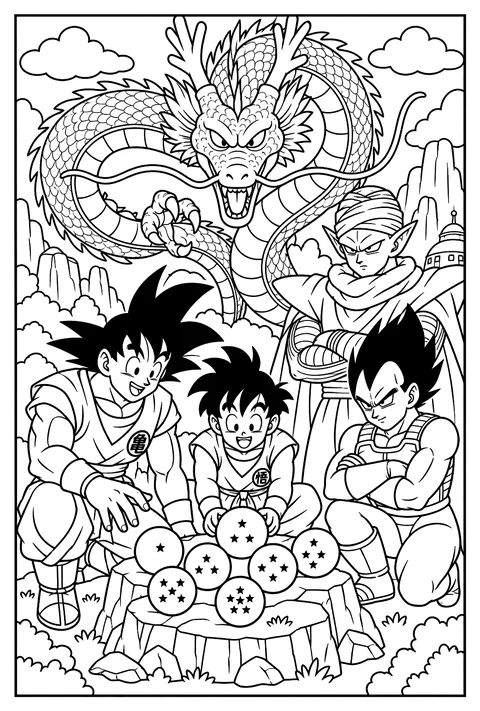 Shenron the giant dragon rising above the seven glowing Dragon Balls coloring page