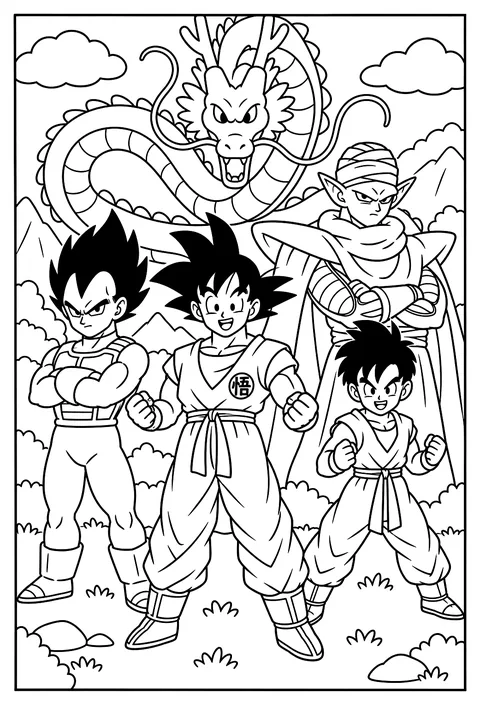 The Z Fighters standing together in a wide group pose coloring page