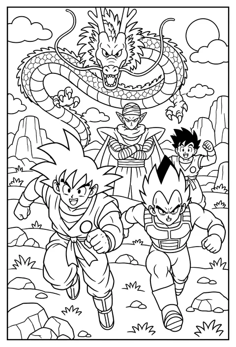 Vegeta and Goku racing on foot across a wide desert coloring page