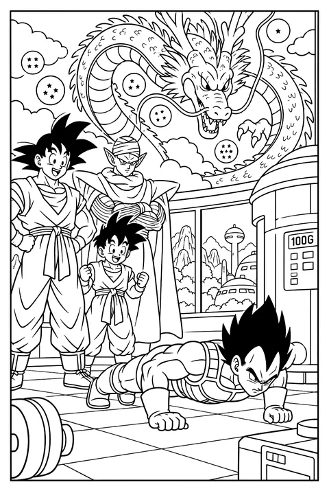 Vegeta doing push-ups inside a gravity training machine coloring page