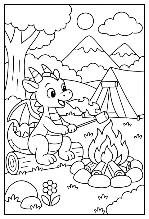 A dragon camping trip, roasting marshmallows with its own breath coloring page