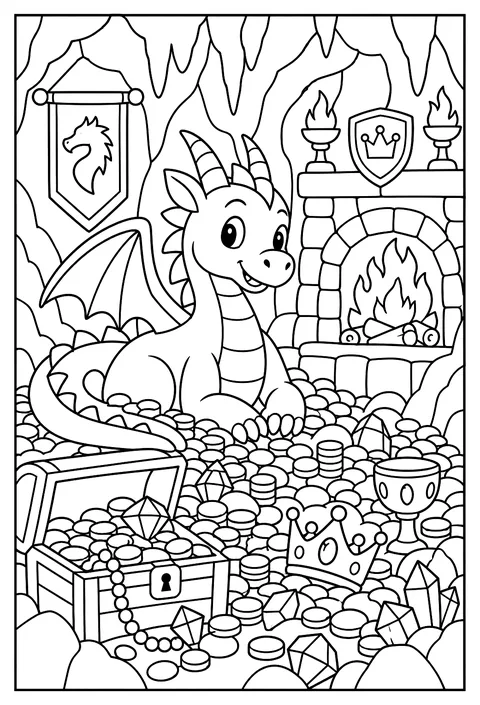 Cutaway of a dragon's cave coloring page