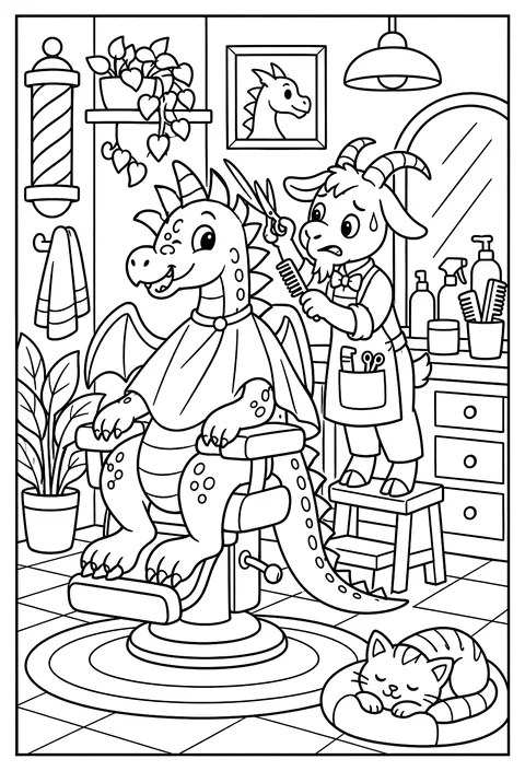 A dragon in a barber chair getting its spikes trimmed by a nervous goat coloring page