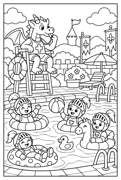 A dragon lifeguard blowing a whistle at a pool full of knights in floaties coloring page