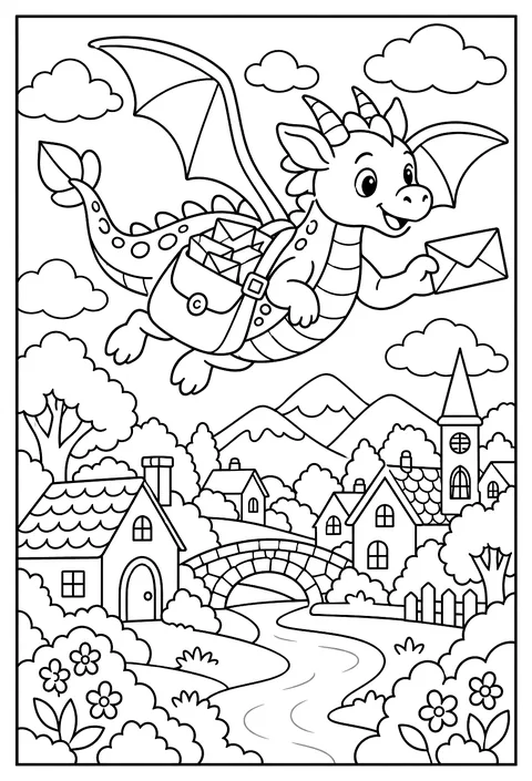 A dragon mail carrier flying with a bag of letters over a village coloring page