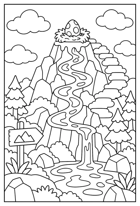 A map of Dragon Mountain with a lava river, cloud stairs, a nest at the top and a hidden egg coloring page