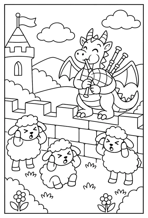 A dragon playing the bagpipes on a castle wall, sheep covering their ears coloring page