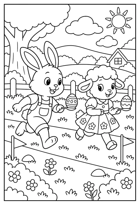 A bunny and a lamb having an egg-and-spoon race coloring page