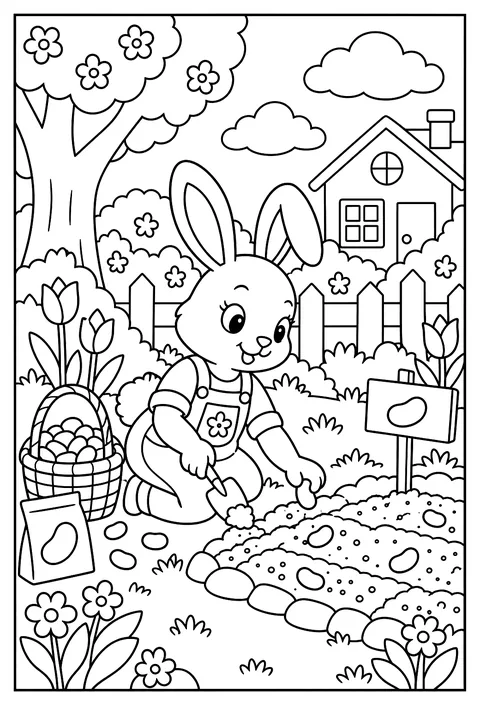 A bunny gardener planting jelly beans coloring page