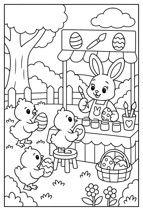 A bunny running an egg-painting studio with chick customers coloring page