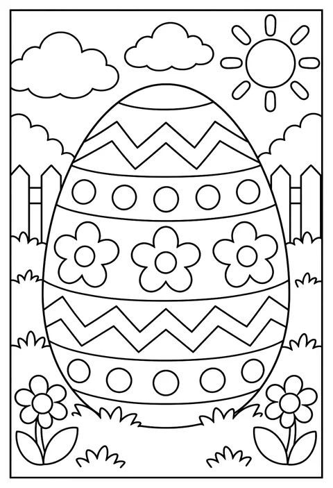 Close-up of a giant egg with zigzag, dot and flower patterns to color coloring page