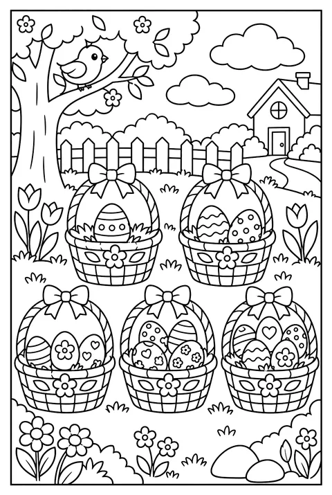 Count-and-color: five baskets with 1 to 5 eggs coloring page