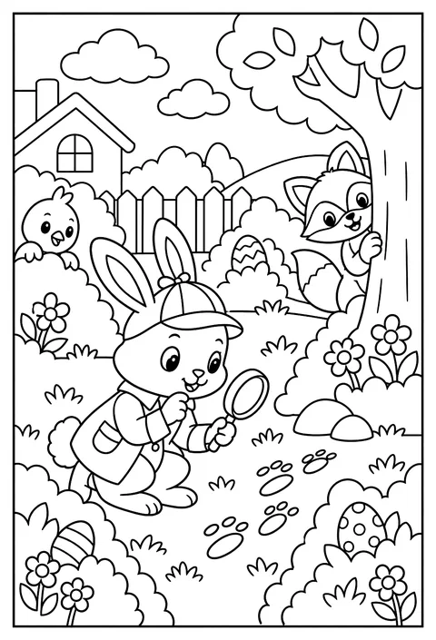 A detective bunny finding who hid the eggs coloring page