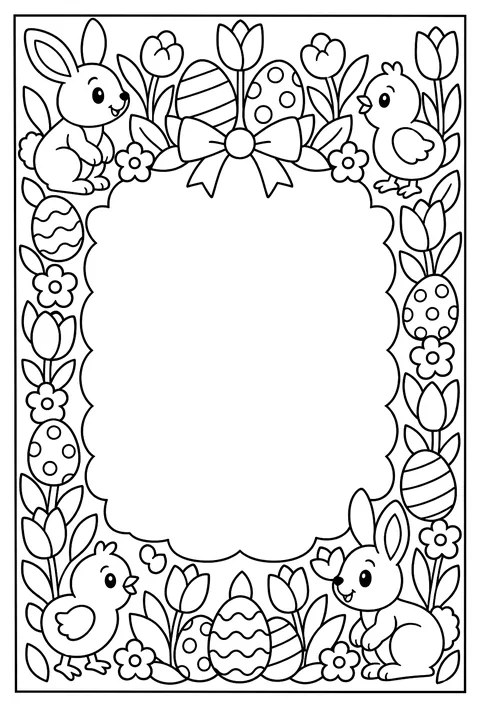 A page-border pattern of eggs, tulips, bunnies and chicks around an empty frame coloring page