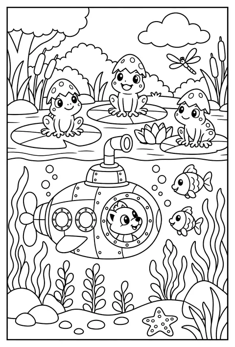 A submarine in a pond looking at frogs with egg hats coloring page