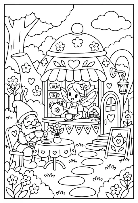 A fairy and a gnome opening a tea shop in a teapot coloring page