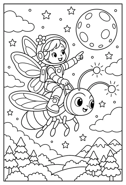 A fairy astronaut riding a firefly to the moon coloring page
