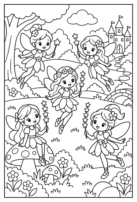 Count-and-color: five fairies with 1 to 5 stars on their wands coloring page
