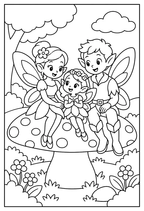 A fairy family portrait on a mushroom coloring page