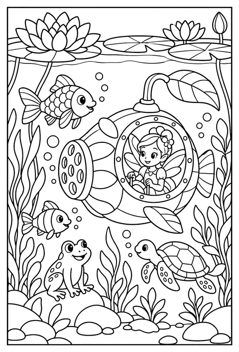 A fairy in a submarine made of a seed pod exploring a pond coloring page