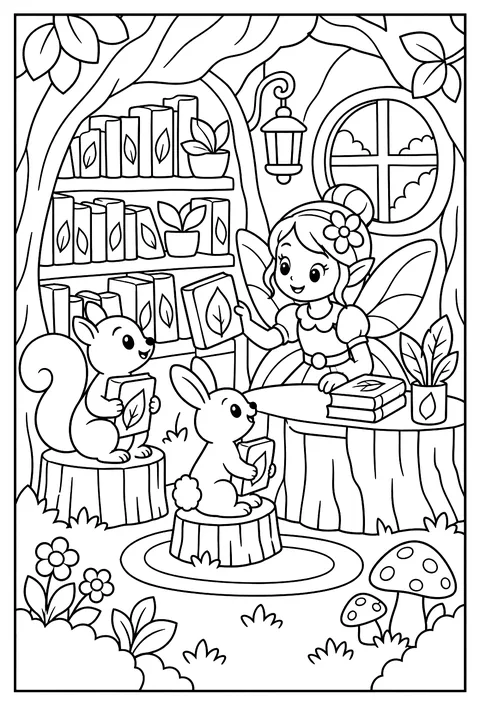 A fairy librarian in a hollow log with leaf books coloring page