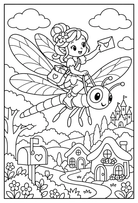 A fairy mail carrier riding a dragonfly with tiny letters coloring page