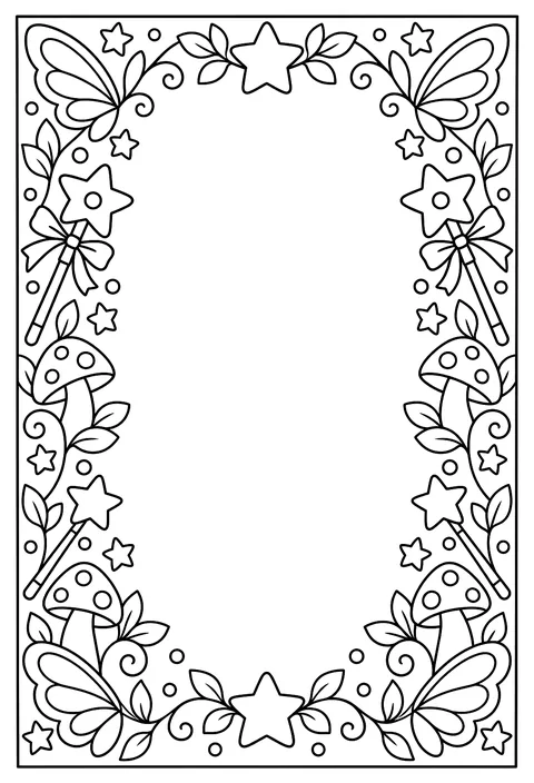 A page-border pattern of wands, stars, mushrooms and wings around an empty frame coloring page
