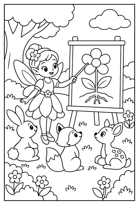 A fairy teacher with a lesson on flowers coloring page