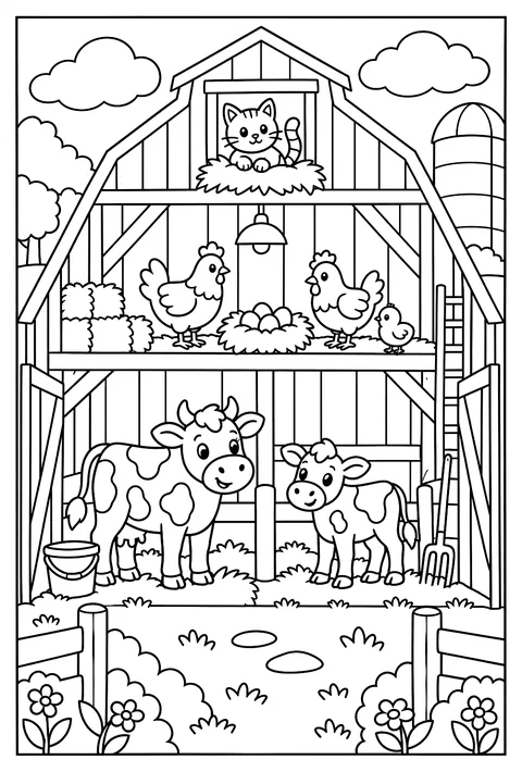 Cutaway of a big red barn coloring page