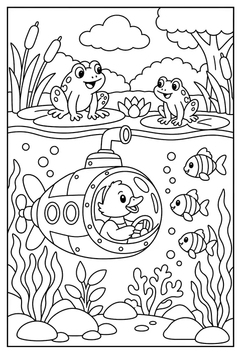 A duck in a submarine in the pond looking at frogs coloring page