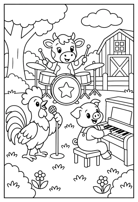 A farm band: rooster singer, cow on drums, pig on piano coloring page