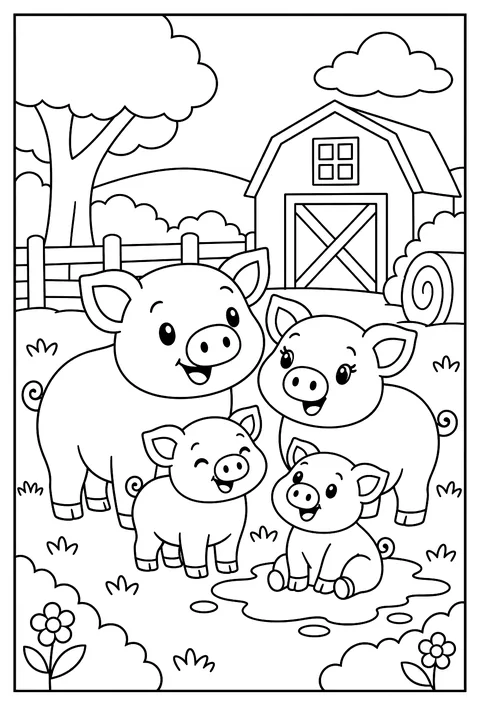 A farm family portrait: pigs of all sizes coloring page