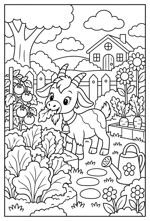 A goat gardener eating the garden instead coloring page