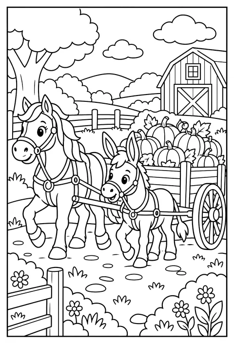 A horse and a donkey pulling a wagon of pumpkins coloring page