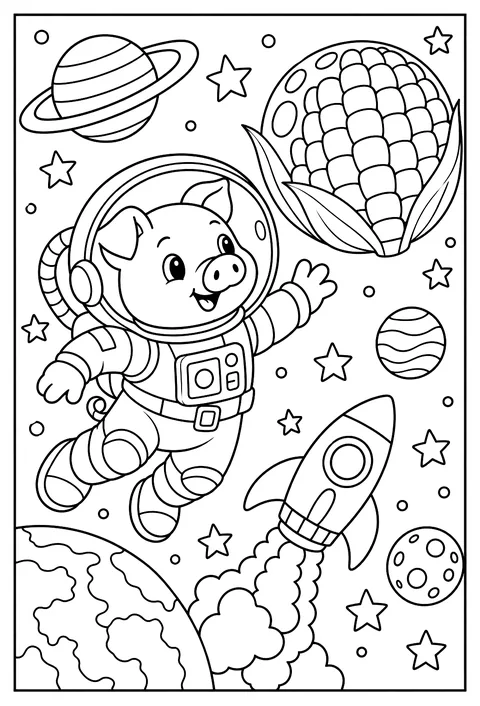 A pig astronaut floating past a moon made of corn coloring page