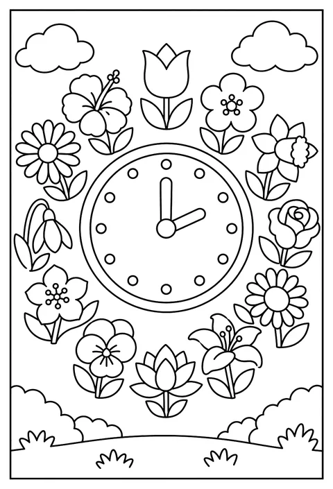 A flower clock: twelve different flowers arranged in a circle coloring page
