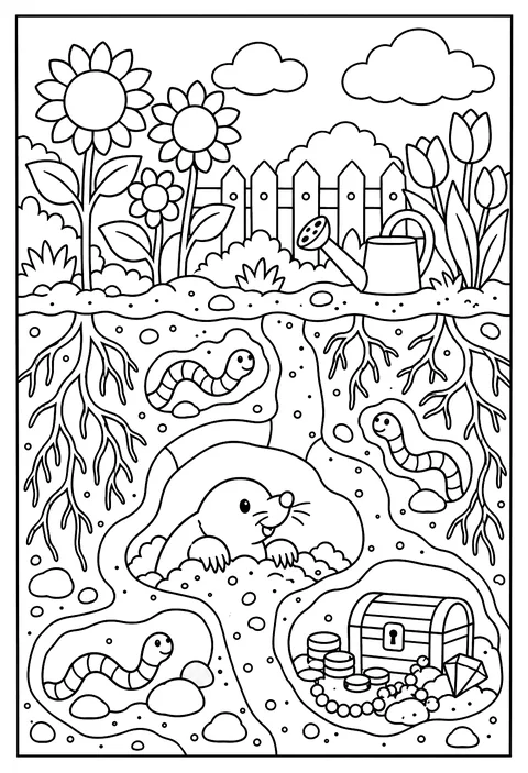 Cutaway of a garden underground coloring page