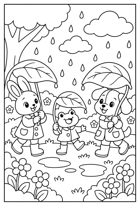 Flowers in the rain: umbrellas made of leaves coloring page
