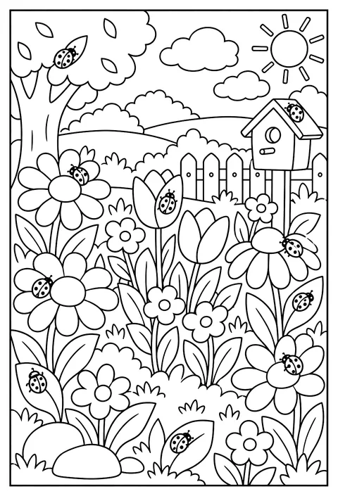 Hidden-object page: a flower field with 10 hidden ladybugs coloring page