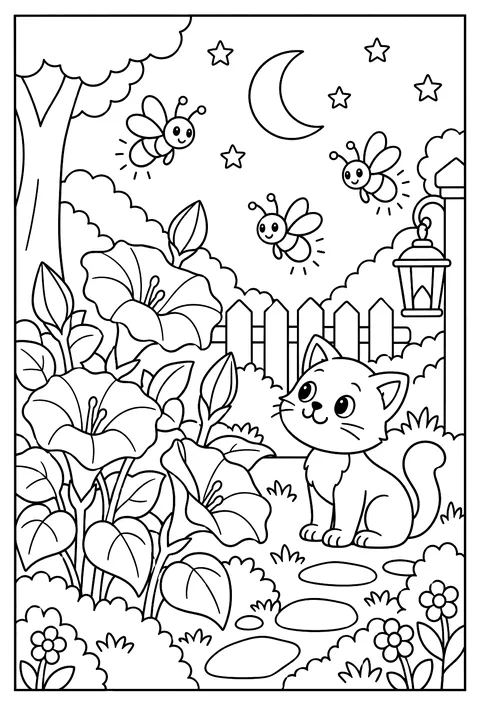 A night garden: moonflowers opening with fireflies around coloring page