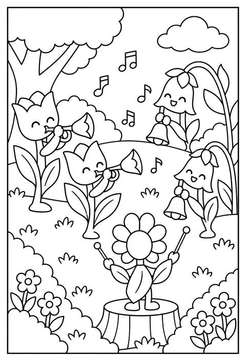 A flower orchestra: tulips as trumpets, bluebells as bells coloring page