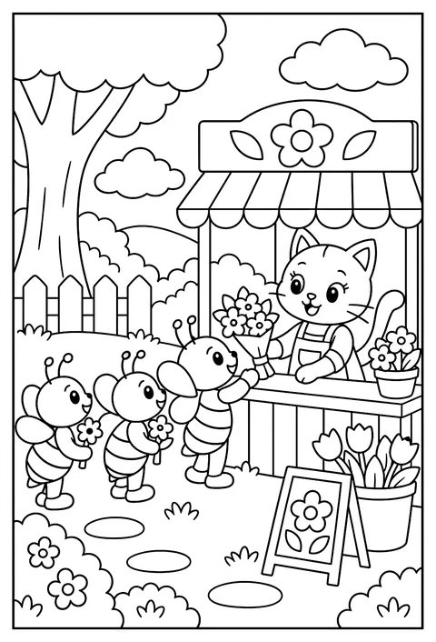 A flower shop with a cat shopkeeper and a line of bees coloring page