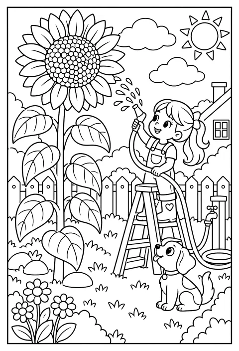 A sunflower so tall a kid on a ladder waters it with a hose coloring page