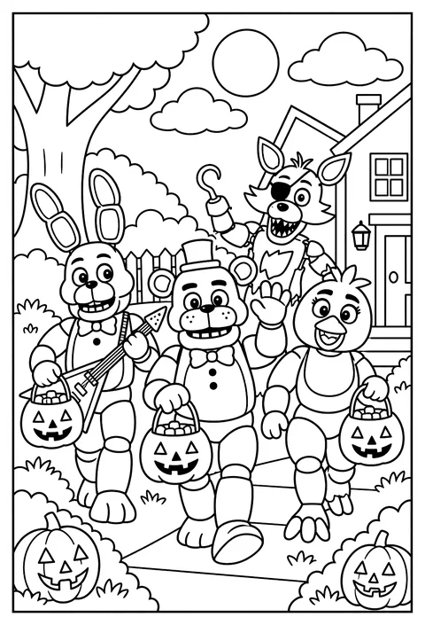 Bonnie and Chica trick-or-treating with pumpkin baskets for Halloween coloring page