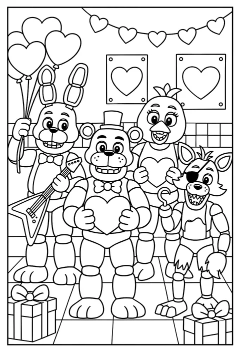 Bonnie holding a bunch of heart-shaped balloons for Valentine's Day coloring page