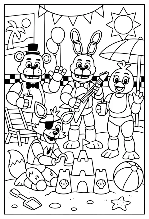 Foxy building a sandcastle at a beach-themed party corner of the pizzeria coloring page
