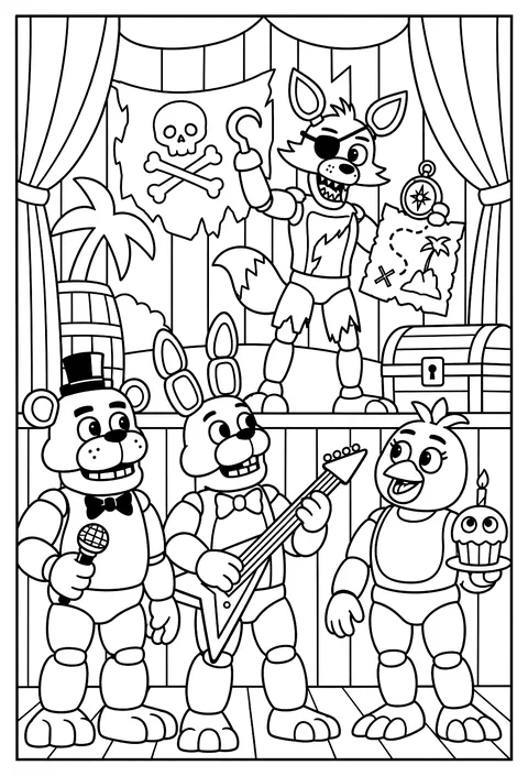 Foxy holding a treasure map and a compass on Pirate Cove's stage coloring page