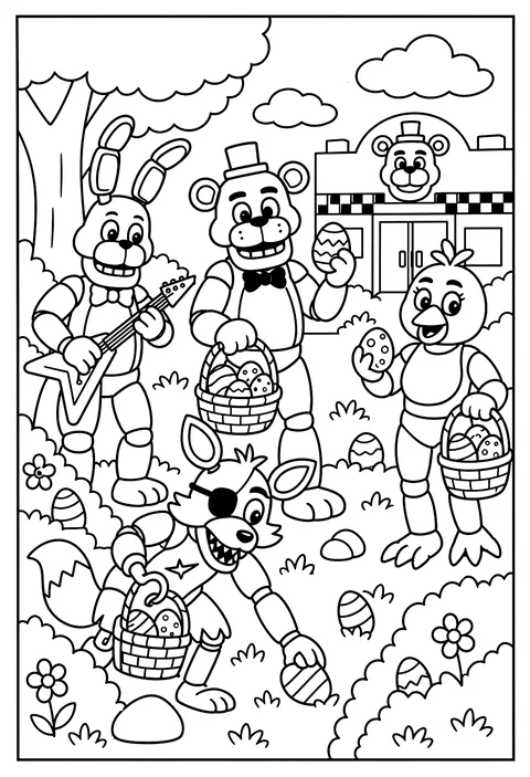 Foxy hunting Easter eggs with his eye patch and a woven basket coloring page