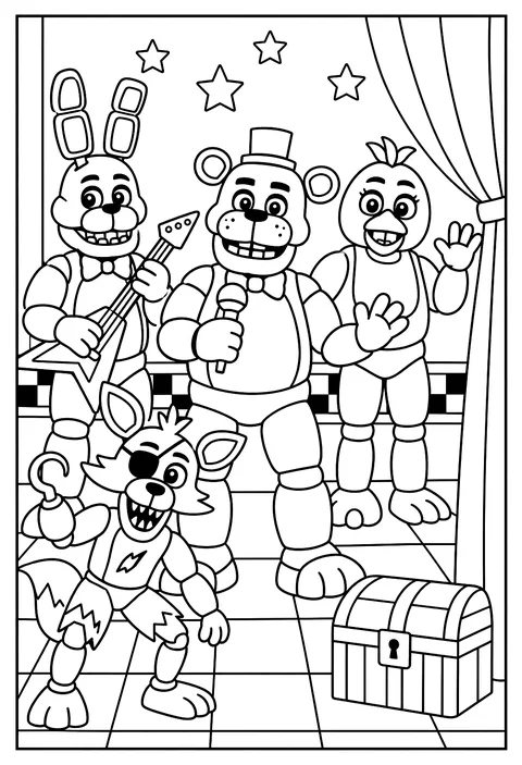 Foxy the pirate fox posing at Pirate Cove with a curtain and a small treasure chest coloring page
